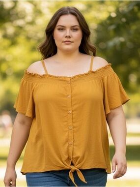 NWT Torrid Mustard Yellow Off Shoulder Blouse | Size 2X (18/20) Boho Summer